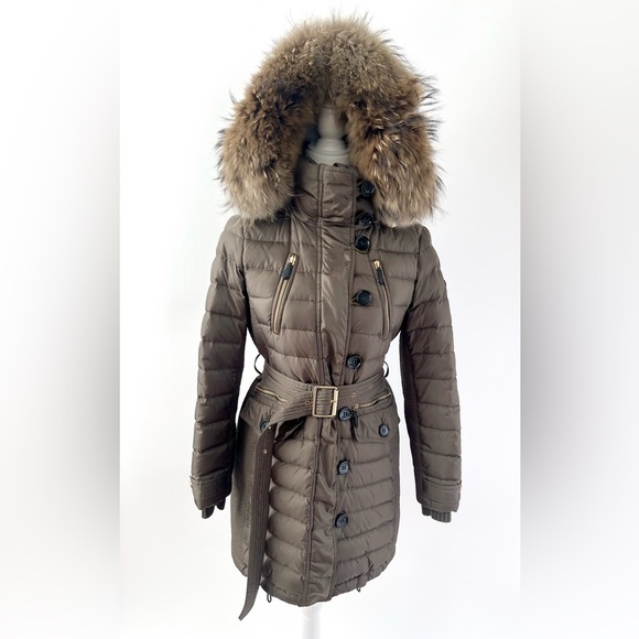 BURBERRY BRIT| Puffer Down Jacket Coat Belted with Fur Hood Taupe Mink Small - Picture 1 of 17